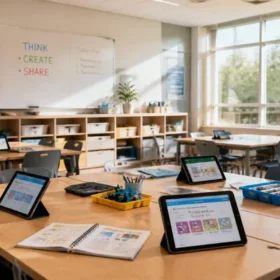 Una fila di moderni computer All-In-One e tablet digitali disposti ordinatamente su scrivanie scolastiche in legno. Grandi finestre illuminano la stanza con luce naturale, creando un ambiente informatico pulito e professionale.
